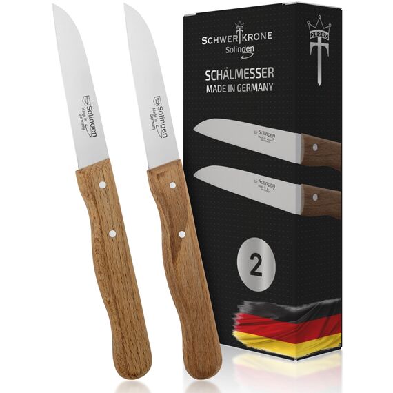 Schwertkrone® Schälmesser gerade Premium 2er Set [MADE IN SOLINGEN - GERMANY] - Gemüsemesser Obstmesser - Küchenmesser klein scharf - Schneidemesser Kartoffelschälmesser - Allzweckmesser (2x 7,5cm)