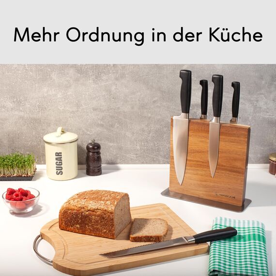 Hanseküche Messerblock - Messerhalter ohne Messer aus Holz Messerbrett (Akazie Braun Metallboden, Doppelseitig)