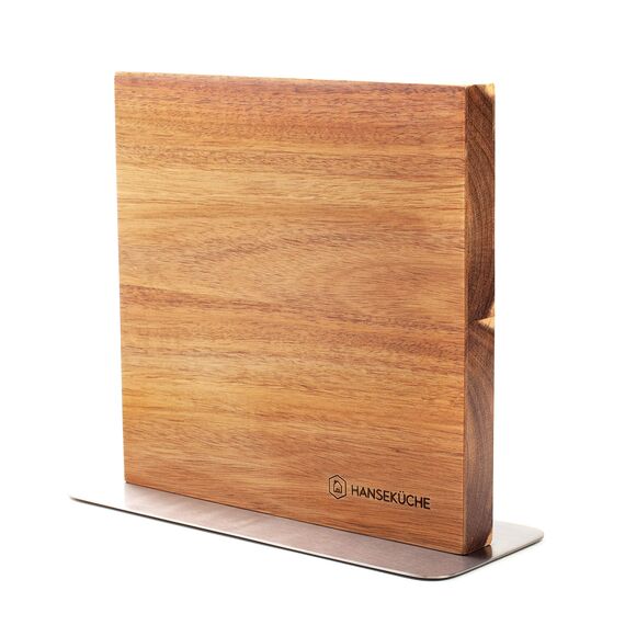 Hanseküche Messerblock - Messerhalter ohne Messer aus Holz Messerbrett (Akazie Braun Metallboden, Doppelseitig)