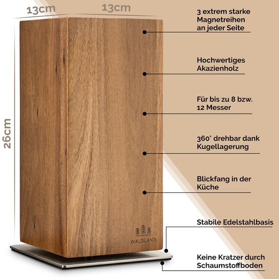 WALDLAND Premium Messerblock ohne Messer I Messerblock magnetisch und 360° drehbar aus edlem und robustem Akazienholz I Messerhalter magnetisch für Messer I Holzblock Küchen-Organizer