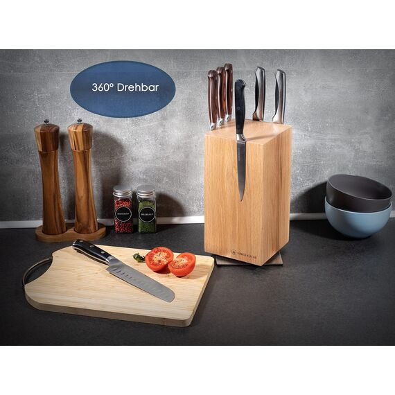 Hanseküche Messerblock - Messerhalter ohne Messer aus Holz Messerbrett (Akazie Braun Metallboden, Rotierend)