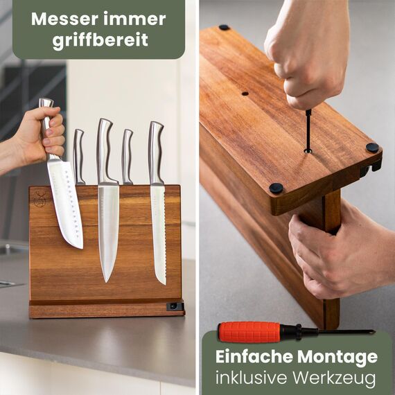 WALDWERK Messerblock magnetisch ohne Messer (31cm) - Messerhalter aus edlem Akazienholz - unbestückter magnetischer Messerblock