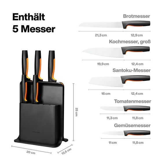 Fiskars Design-Messerblock mit 5 Messern, Functional Form, Inklusive Gemüsemesser, Tomatenmesser, Santoku Kochmesser, Kochmesser und Brotmesser, Kunststoff, Schwarz, 1057554