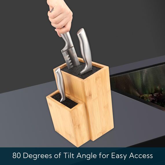 KITCHENDAO Bambus-Universalmesserblock, extra großer zweistufiger Bambus-Messerständer ohne Schlitze, sichere Aufbewahrung für Messer und Küchenutensilien, abnehmbare Borsten für einfache Reinigung