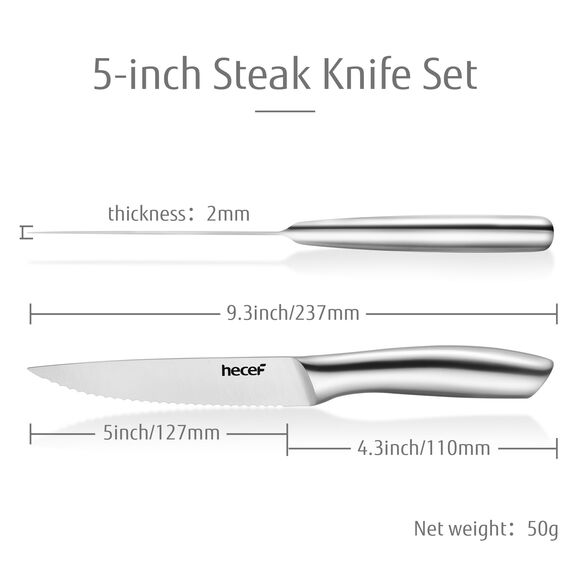 hecef Steakmesser Set 6-teilig, scharfe Tafelmesser mit Wellenschliff und ergonomischem Hohlgriff, kleine Messer aus Edelstahl für Steak und Brot, Klinge 12,7 cm, silber