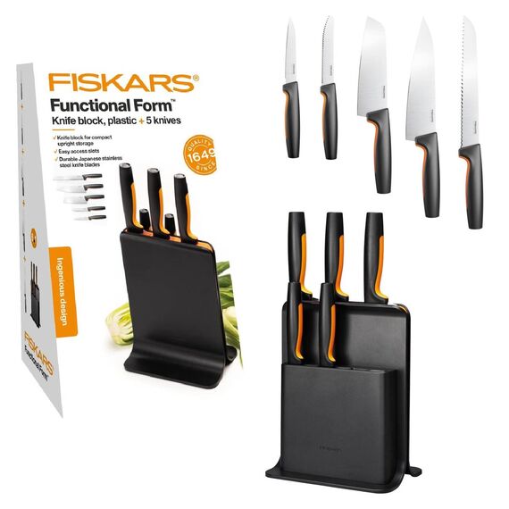 Fiskars Design-Messerblock mit 5 Messern, Functional Form, Inklusive Gemüsemesser, Tomatenmesser, Santoku Kochmesser, Kochmesser und Brotmesser, Kunststoff, Schwarz, 1057554