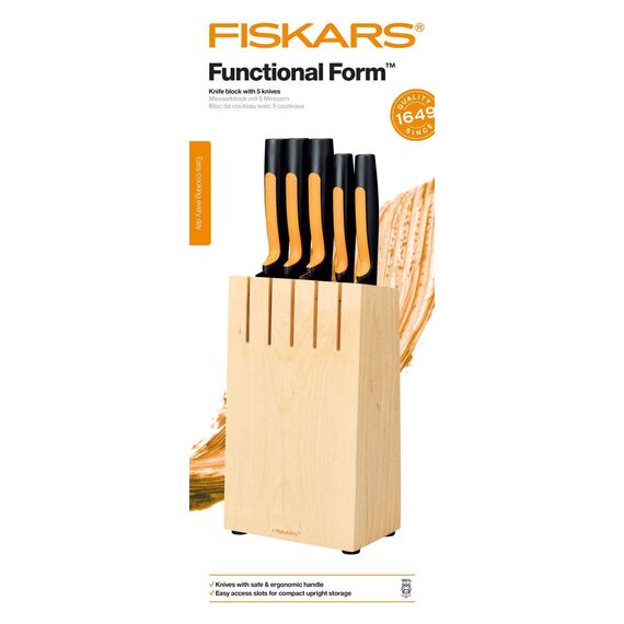 Fiskars Messerblock mit 5 Messern, Breite: 14,5 cm, Höhe: 36 cm, Birkenholz, Functional Form, 1062927