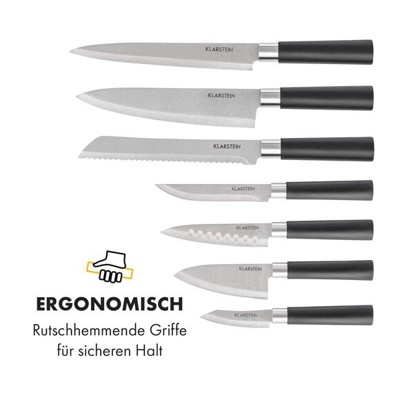Klarstein 7-Teiliges Messer-Set mit Block, Küchenmesser, Holz-Messerblock & Schneidebrett, Scharfes Edelstahl, Kratzfest, Japanisch Inspiriertes Messerset mit Block, Weiß