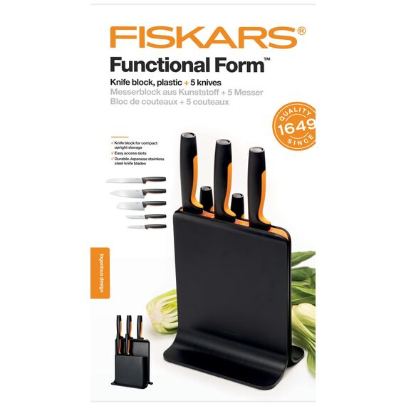Fiskars Design-Messerblock mit 5 Messern, Functional Form, Inklusive Gemüsemesser, Tomatenmesser, Santoku Kochmesser, Kochmesser und Brotmesser, Kunststoff, Schwarz, 1057554