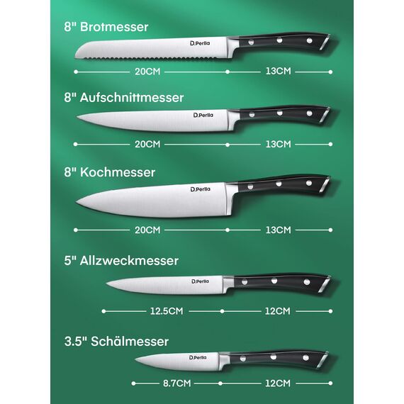 D.Perlla Messerblock Set, 6 teilig Messerset mit Holzblock, Kochmesser Set mit Scharfe Klingen, Edelstahl mit Hohem Kohlenstoffgehalt, Braun