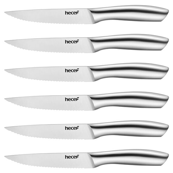 hecef Steakmesser Set 6-teilig, scharfe Tafelmesser mit Wellenschliff und ergonomischem Hohlgriff, kleine Messer aus Edelstahl für Steak und Brot, Klinge 12,7 cm, silber