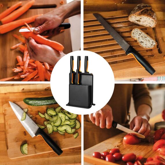 Fiskars Design-Messerblock mit 5 Messern, Functional Form, Inklusive Gemüsemesser, Tomatenmesser, Santoku Kochmesser, Kochmesser und Brotmesser, Kunststoff, Schwarz, 1057554