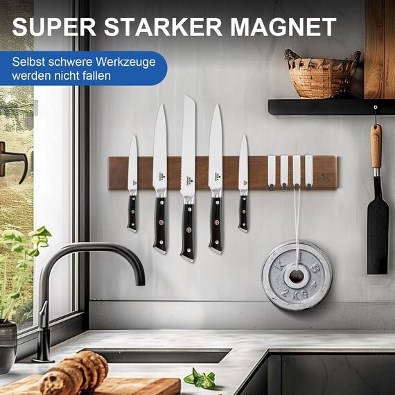 ENOKING Magnetleiste Messer 40 cm, Messerblock Magnetisch ohne Messer, Magnet Messerhalter aus Akazienholz mit 4 Haken
