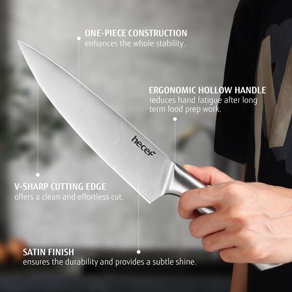hecef Messerset 3 tlg, Scharfe Küchenmesser mit Edelstahlklinge und hohlem Griff, Kochmesser Set mit Klingenschutz, 20cm Chefmesser, 12.7cm Allzweckmesser und 8.9cm Gemüsemesser, Silber