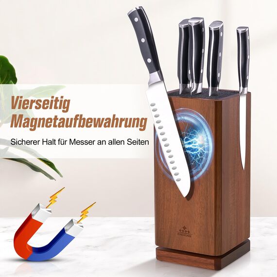 ENOKING Messerblock Magnetisch ohne Messer, 360°drehbar Magnetischer Messerblock Aus Akazienholz, Magnet Messerhalter mit Borsteneinsatz, Messerblöcke für Messer und Utensilien