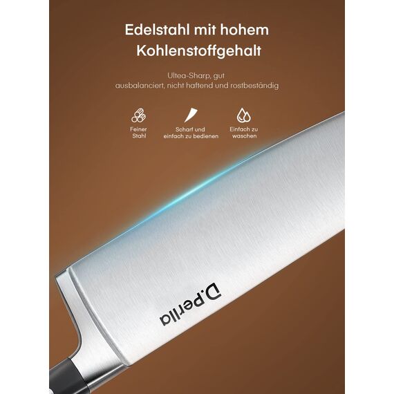 D.Perlla Messerblock Set, 6 teilig Messerset mit Holzblock, Kochmesser Set mit Scharfe Klingen, Edelstahl mit Hohem Kohlenstoffgehalt, Braun