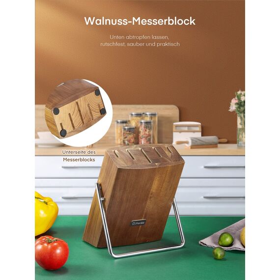 D.Perlla Messerblock Set, 6 teilig Messerset mit Holzblock, Kochmesser Set mit Scharfe Klingen, Edelstahl mit Hohem Kohlenstoffgehalt, Braun
