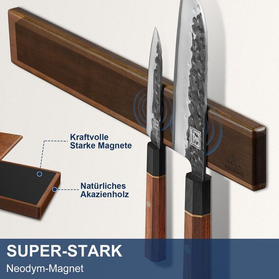 ENOKING Magnetleiste Messer 40 cm, Messerblock Magnetisch ohne Messer, Magnet Messerhalter aus Akazienholz mit 4 Haken