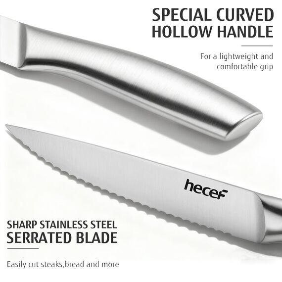hecef Steakmesser Set 6-teilig, scharfe Tafelmesser mit Wellenschliff und ergonomischem Hohlgriff, kleine Messer aus Edelstahl für Steak und Brot, Klinge 12,7 cm, silber