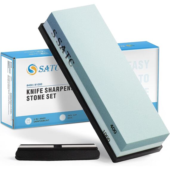 SATC Schleifstein 2-IN-1 Wetzstein 400/1000 Grits Messer Schärfen Abziehstein Knife Sharpener Messerschärfer Inklusive Schärfsteinhalter und Geführtem Winkel