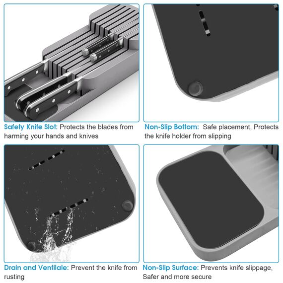 Verbesserte Messerblock für Schublade, Zweistufiger Messer Organizer mit Schlitzen, Platz für 9 Messer, Knife Block mit Anti-Rutsch-Pad, für Schubladen oder Arbeitsfläche, Sicher, Kompakt - Grau