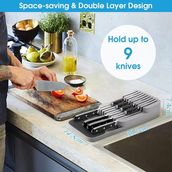 Verbesserte Messerblock für Schublade, Zweistufiger Messer Organizer mit Schlitzen, Platz für 9 Messer, Knife Block mit Anti-Rutsch-Pad, für Schubladen oder Arbeitsfläche, Sicher, Kompakt - Grau
