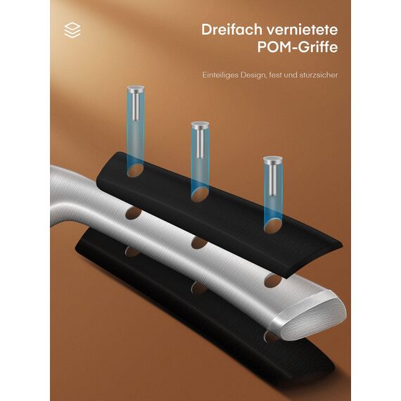 D.Perlla Messerblock Set, 6 teilig Messerset mit Holzblock, Kochmesser Set mit Scharfe Klingen, Edelstahl mit Hohem Kohlenstoffgehalt, Braun