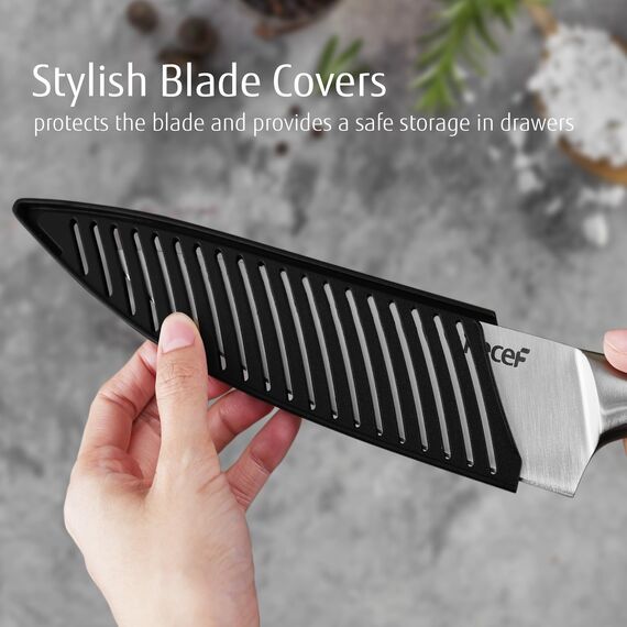 hecef Messerset 3 tlg, Scharfe Küchenmesser mit Edelstahlklinge und hohlem Griff, Kochmesser Set mit Klingenschutz, 20cm Chefmesser, 12.7cm Allzweckmesser und 8.9cm Gemüsemesser, Silber