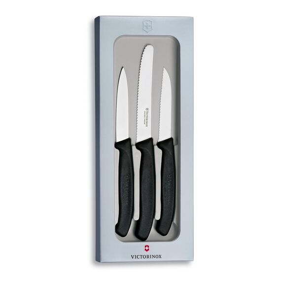 Victorinox Swiss Classic, Küchenmesser Set, 3teilig, Gemüse-, Tomaten- und Frühstücksmesser, Robuster Kunststoffgriff, Rostfreier Stahl, Schwarz Geschenkbox