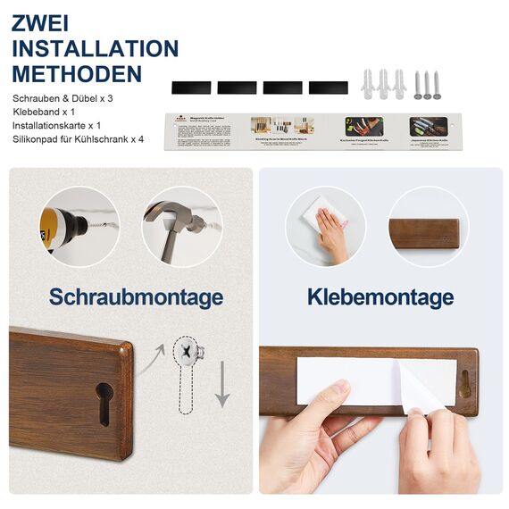 ENOKING Magnetleiste Messer 40 cm, Messerblock Magnetisch ohne Messer, Magnet Messerhalter aus Akazienholz mit 4 Haken