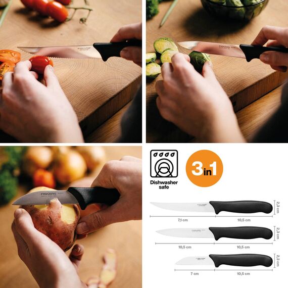Fiskars Gemüsemesser-Set, 3-teilig, Schälmesser, Gemüsemesser, Tomatenmesser, Essential, Edelstahl / PP-Kunststoff, Schwarz, 1065584