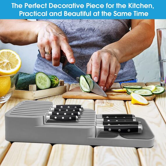 Verbesserte Messerblock für Schublade, Zweistufiger Messer Organizer mit Schlitzen, Platz für 9 Messer, Knife Block mit Anti-Rutsch-Pad, für Schubladen oder Arbeitsfläche, Sicher, Kompakt - Grau