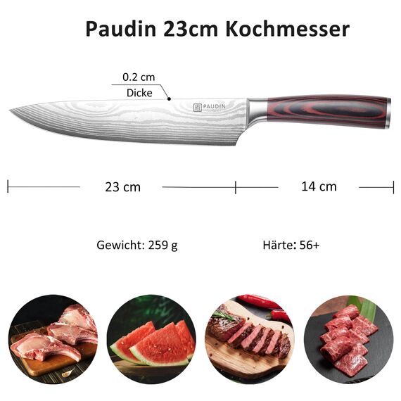 PAUDIN Profi Kochmesser 23cm, Rasiermesserscharfe Küchenmesser aus deutschem Edelstahl, Ergonomischer Griff, langlebig & rostfrei, Perfekt für Hobby & Profiköche, Geschenkidee für Kochliebhaber