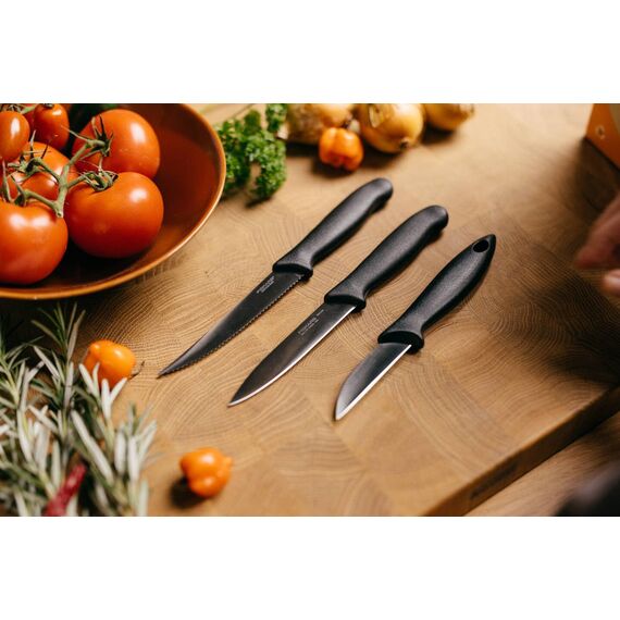 Fiskars Gemüsemesser-Set, 3-teilig, Schälmesser, Gemüsemesser, Tomatenmesser, Essential, Edelstahl / PP-Kunststoff, Schwarz, 1065584