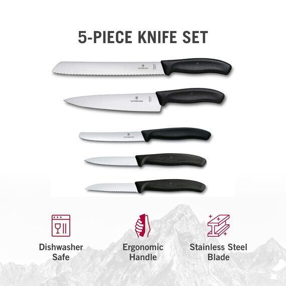 Victorinox Swiss Classic Küchenmesser Set, Küchengarnitur, 5-teilig, Extra Scharf, Swissmade, schwarz