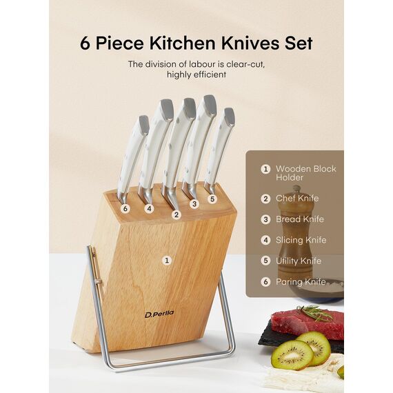 D.Perlla Messerblock Set 6 teilig Messerset mit Holzblock Küchenmesser Set mit Scharfe Klingen, Edelstahl mit Hohem Kohlenstoffgehalt,Weiß