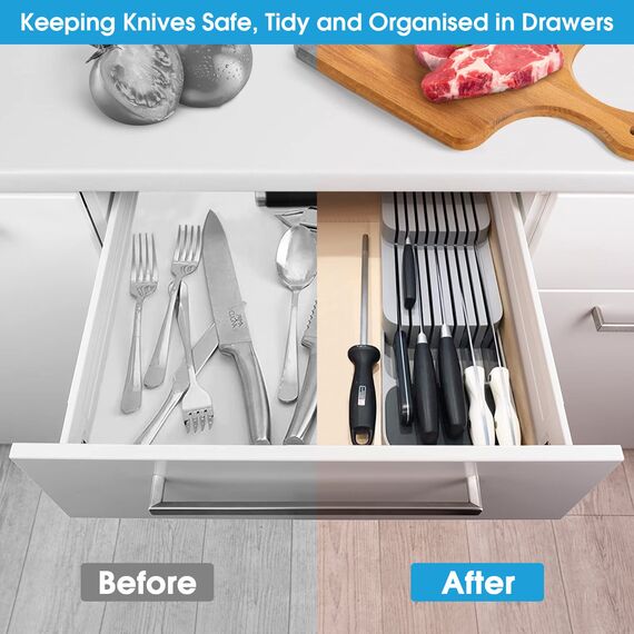 Verbesserte Messerblock für Schublade, Zweistufiger Messer Organizer mit Schlitzen, Platz für 9 Messer, Knife Block mit Anti-Rutsch-Pad, für Schubladen oder Arbeitsfläche, Sicher, Kompakt - Grau