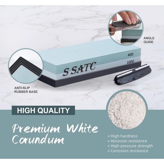 SATC Schleifstein 2-IN-1 Wetzstein 400/1000 Grits Messer Schärfen Abziehstein Knife Sharpener Messerschärfer Inklusive Schärfsteinhalter und Geführtem Winkel