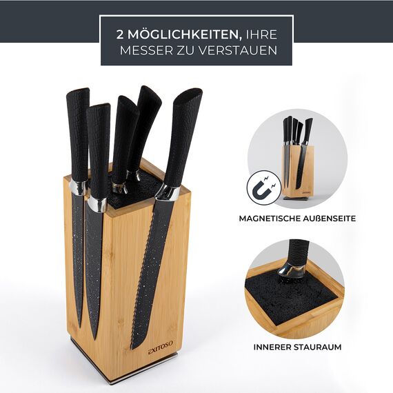 Exitoso Messerblock aus Bambus (ohne Messer) | Messerhalter 360° drehbar, außen magnetisch & mit Borsteneinsatz | Messerblock für Küchenmesser & Kochmesser | Sichere Messeraufbewahrung