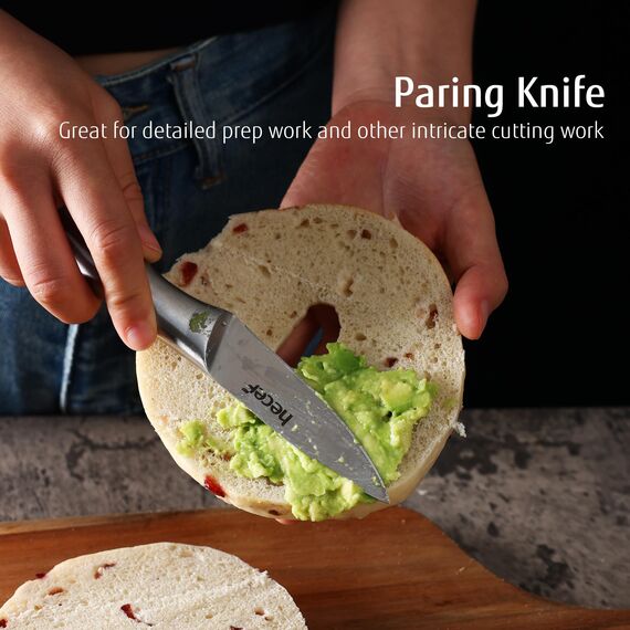 hecef Messerset 3 tlg, Scharfe Küchenmesser mit Edelstahlklinge und hohlem Griff, Kochmesser Set mit Klingenschutz, 20cm Chefmesser, 12.7cm Allzweckmesser und 8.9cm Gemüsemesser, Silber