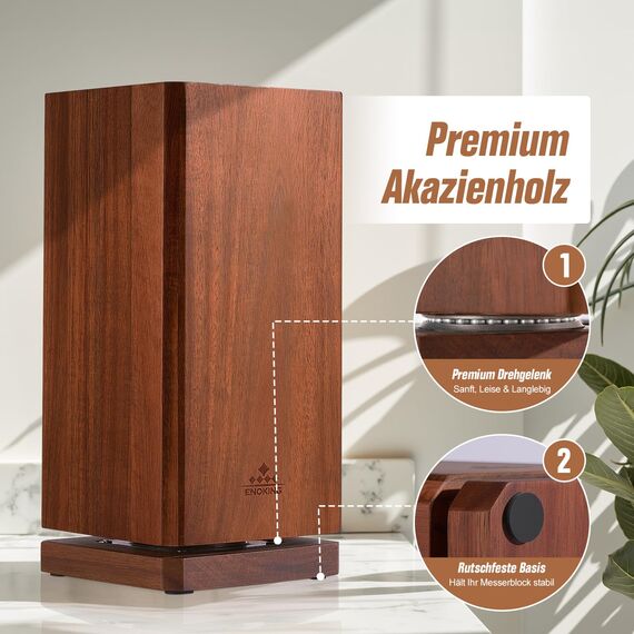 ENOKING Messerblock Magnetisch ohne Messer, 360°drehbar Magnetischer Messerblock Aus Akazienholz, Magnet Messerhalter mit Borsteneinsatz, Messerblöcke für Messer und Utensilien