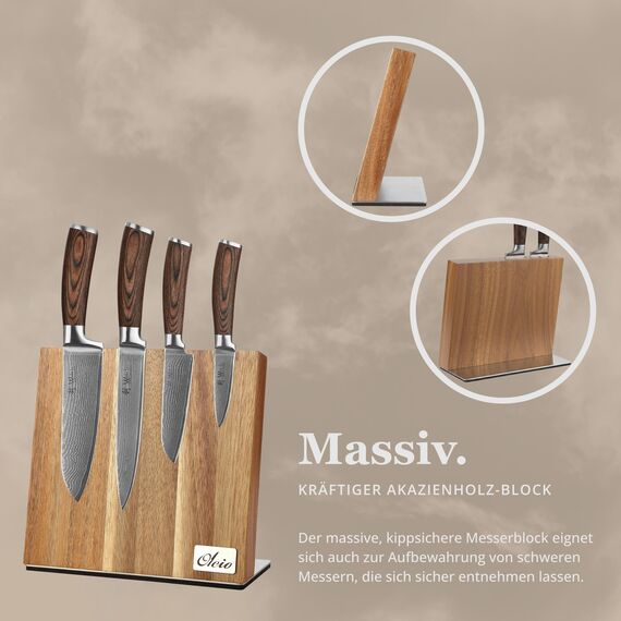 Wakoli EDIB 4-teiliges Damastmesser Set mit magnetischem Messerblock aus Akazienholz – Scharfe Küchenmesser mit 67 Lagen VG10 Stahl – Kochmesser für Hobbyköche & Profis – Geschenkbox enthalten