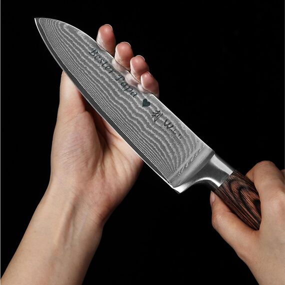 Wakoli EDIB 4er Damastmesser Set mit Gravur – Personalisiertes Küchenmesser Set, Santoku, Fleischmesser, kleines Santoku & Officemesser, 67 Lagen Damaststahl, Pakkaholzgriff, Geschenkbox