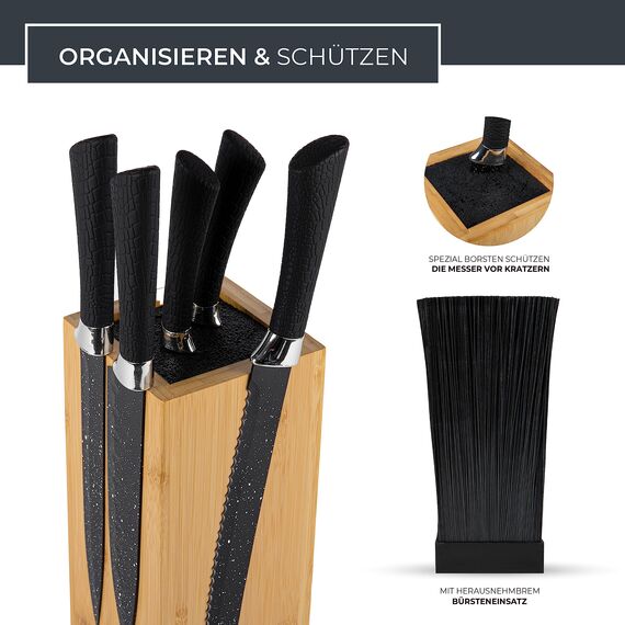 Exitoso Messerblock aus Bambus (ohne Messer) | Messerhalter 360° drehbar, außen magnetisch & mit Borsteneinsatz | Messerblock für Küchenmesser & Kochmesser | Sichere Messeraufbewahrung