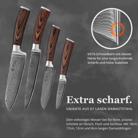 Wakoli EDIB 4-teiliges Küchenmesser Set aus Damaststahl (VG10 Kern) in edler Geschenkbox – Scharfes Damastmesser Set mit Pakkaholzgriffen – Messerset mit 2x Santoku, Fleischmesser & Officemesser