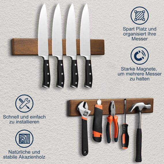 ENOKING Magnetleiste Messer 40 cm, Messerblock Magnetisch ohne Messer, Magnet Messerhalter aus Akazienholz mit 4 Haken