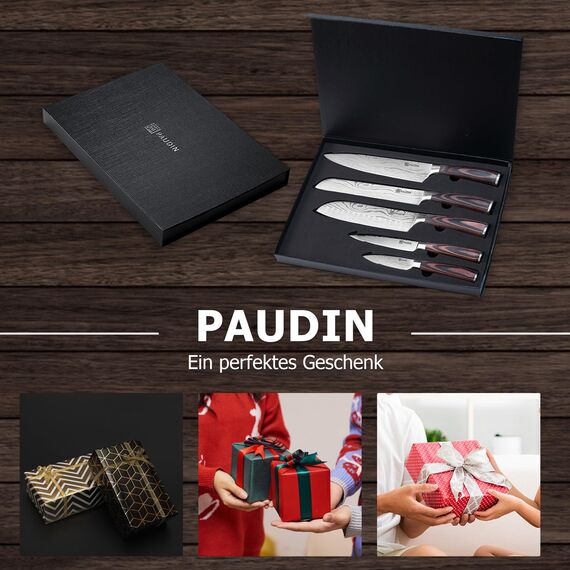 PAUDIN Küchenmesser Set, 5-teilig Küchenmesserset aus hochwertigem Carbon Edelstahl, Ultra Scharfes Messerset mit Chefmesser Hackmesser Allzweckmesser