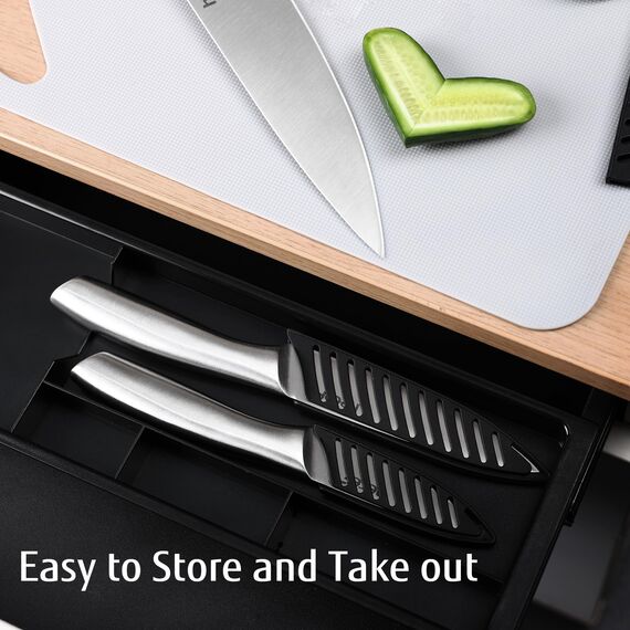 hecef Messerset 3 tlg, Scharfe Küchenmesser mit Edelstahlklinge und hohlem Griff, Kochmesser Set mit Klingenschutz, 20cm Chefmesser, 12.7cm Allzweckmesser und 8.9cm Gemüsemesser, Silber