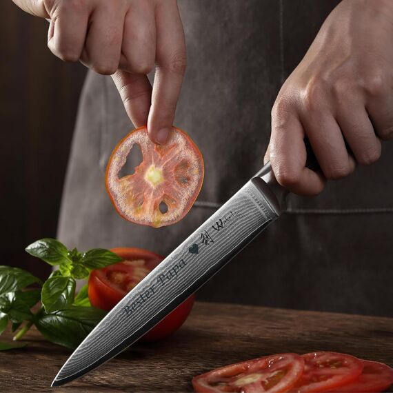 Wakoli EDIB 4er Damastmesser Set mit Gravur – Personalisiertes Küchenmesser Set, Santoku, Fleischmesser, kleines Santoku & Officemesser, 67 Lagen Damaststahl, Pakkaholzgriff, Geschenkbox