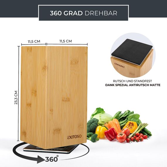 Exitoso Messerblock aus Bambus (ohne Messer) | Messerhalter 360° drehbar, außen magnetisch & mit Borsteneinsatz | Messerblock für Küchenmesser & Kochmesser | Sichere Messeraufbewahrung